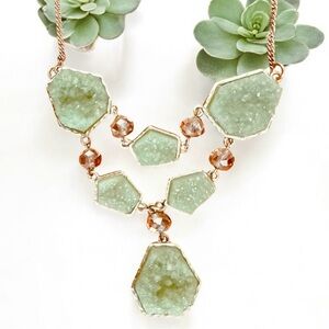 Green Druzy Gemstone Statement Necklace with Faceted Amber Beads Gold Setting